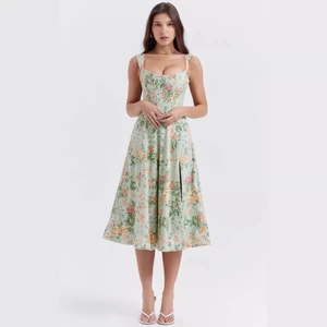 Women French Retro Floral Midi Dress Square Neck Corset Split Design Summer Vacation Elegant Backless Beach Party Sling Dress