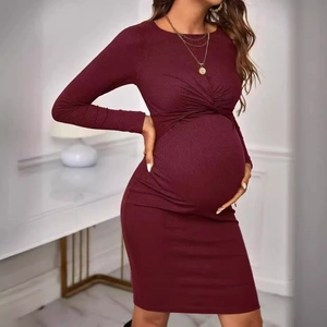 Women Casual Ribbed Knit Maternity Dress Long Sleeve Round Neck Twist Knot Slim Fit Midi Maternity Pregnancy Dress