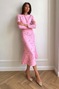 Full view of pink floral midi dress with long sleeves and elegant slim fit for women