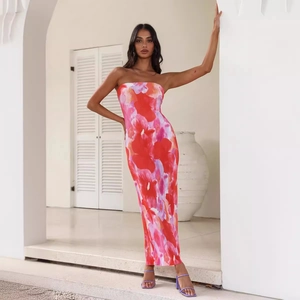 Damen Floral Drucken Bandeau Maxi Kleid Rückenfrei Schnürung Schlanke Passform Strand Urlaub Bodycon Lang Kleid Party Mode