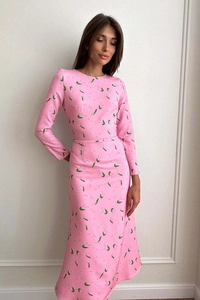 Detail of pink floral midi dress with lily of the valley print and long sleeves