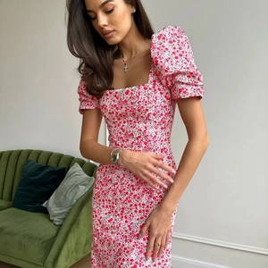 Women's French Floral Maxi Dress Vintage Square Neck Puff Sleeve Slim Fit A-Line Summer Vacation Casual Short Sleeve Dress