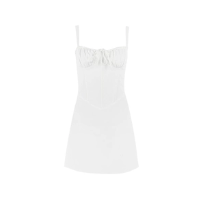 Slim fit white mini summer dress with corset stitching and ribbon straps