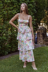 Close-up of vintage floral print and tiered ruffle hem details on this summer maxi dress