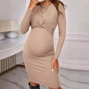 Maternity long sleeve ribbed knit dress in khaki featuring a front twist knot design