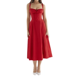 Damen Sexy Rückenfreies Korsett Midi Kleid Sommer Blumen Spaghetti Träger Hoher Schlitz Geraffte Brust A-Linie Party Kleid