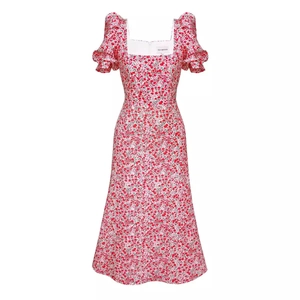 French style floral dress with square neck and puff sleeves for women in red and white