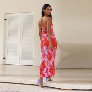 Rückenfreies Maxikleid mit Blumenmuster, rosa Schnürung und künstlerischem Druck