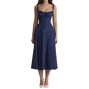 Elegantes marineblaues Midikleid im Korsett-Stil mit schmalen Trägern und Raffungen