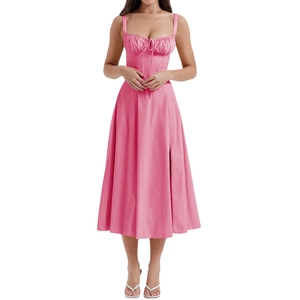 Rosa geblümtes Midikleid mit Spaghettiträgern, schlankem Taillenkorsett und Seitenschlitz