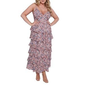 Detail of multi-layered tiered floral maxi dress with deep V-neck and ruffled hem