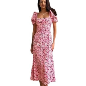 Pink floral midi dress with puff sleeves and square neck on white background