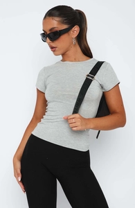 Detailed texture of grey slim fit crew neck t-shirt with premium ribbed knit fabric