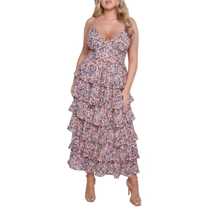 Floral print layered maxi dress with spaghetti straps and a deep V-neck for women