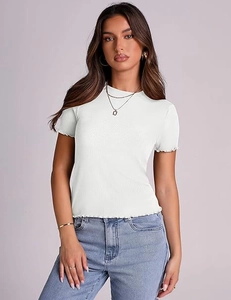 Detail of white rib-knit slim T-shirt featuring classic crew neck and delicate lettuce edges