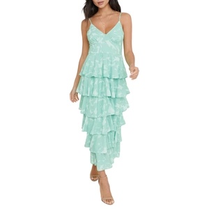 Detail of mint green tiered maxi dress with floral print and ruffle layered skirt hem