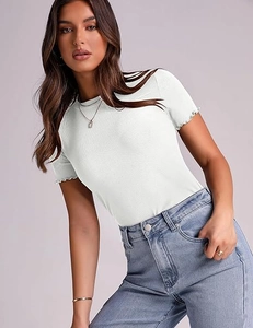 Detailed close-up of a white ribbed T-shirt with delicate lettuce edge sleeves for women