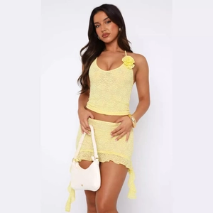 Ensemble Jupe Femme Sexy en Dentelle Haut et Bas Licou Col en V Sans Manches Épissage Dos Nu Dentelle Florale Slim