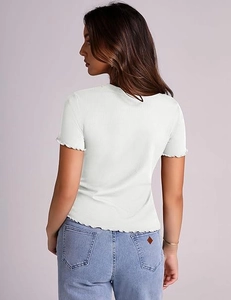 Detailed back view of white ribbed slim-fit T-shirt with ruffled lettuce edges