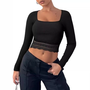 T-Shirt Femme Col Carré en Maille Côtelée Crop Top Sexy Bordure en Dentelle Manches Longues Coupe Slim Décontracté Couleur Unie