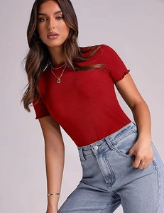 Detail shot of the red ribbed knit t-shirt with lettuce edge trim and slim fit design