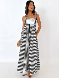 Women Summer Striped Polka Dot Maxi Dress Camisole Sleeveless Off Shoulder High Waist Ruffle Hem Vacation Long Dress