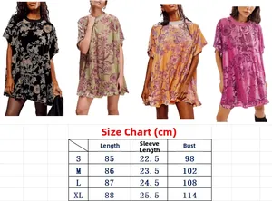 Detailed size guide table for women's vintage floral velvet mini dress in four colors
