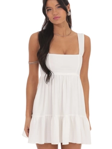Chic white square neck sleeveless mini dress with ruffled hem and high waist for summer