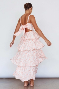 Detail view of the open back with bow tie on floral tiered maxi summer dress