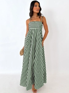 Summer green striped maxi dress for women with spaghetti straps and a flowing A-line skirt