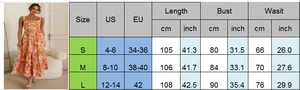 Detailed size chart for the floral print summer dress with US and EU measurement guide