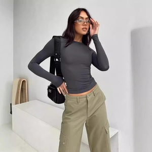 Slim fit dark grey long sleeve T-shirt with crew neck and high elasticity fabric for women