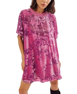 Detail of rose red velvet dress with purple floral print and ruffle hem decoration