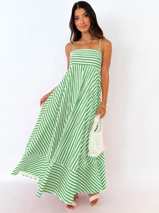 Women's summer green and white striped maxi dress with thin straps and a-line waist