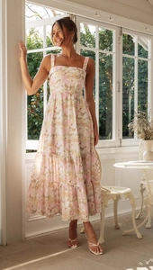 Detailed macro view of summer floral tiered dress with wide straps and elegant rose patterns