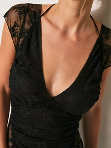 Women's backless black floral lace slim crop top featuring deep V-neck and embroidery
