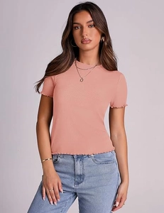 Detail of slim fit rib-knit t-shirt showing delicate lettuce edge hem and crew neck