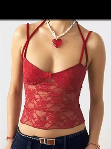 Damen Sexy V-Ausschnitt Spitzen-Camisole Schleifendetail Transparent Neckholder Rückenfrei Schmale Passform Streetwear Clubwear Top