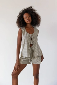 Detail of grey plaid set with sleeveless tie-front top and matching casual shorts