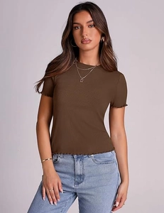 Close-up of ribbed dark brown T-shirt with lettuce edge hem and crew neckline details