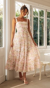 Detail of floral spaghetti strap maxi dress with tiered skirt and square neckline