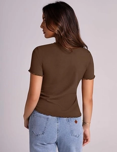 Rear view of brown slim-fit ribbed T-shirt featuring lettuce edge cuffs and hem detail