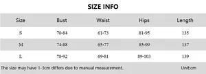 Size chart for women's printed bodycon dress showing bust waist hips and length measurements
