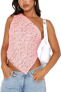 Detail of pink one-shoulder lace top with floral texture and handkerchief hem design