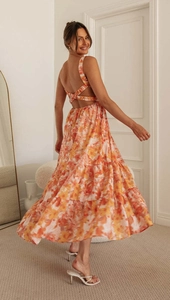 Detail of floral summer maxi dress with cross back straps and tiered skirt design
