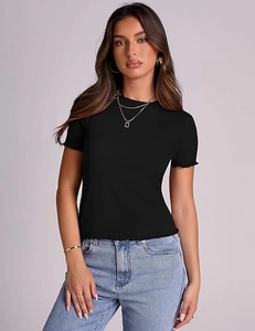 Detail of the lettuce edge hem and ribbed texture on this black slim fit crewneck t-shirt
