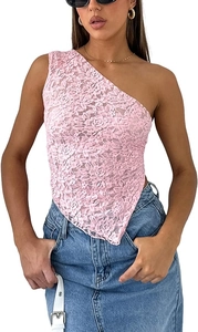 Detail of pink floral lace fabric and asymmetrical hem on a one-shoulder crop top