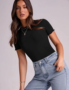 Detail of black ribbed knit T-shirt featuring lettuce edge trim on the sleeves