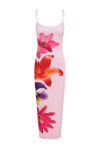 Detail of floral printed bodycon midi dress featuring pink lilies and summer vibes