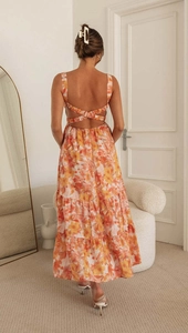 Back view of a long floral summer dress with thin straps and a crisscross open back design